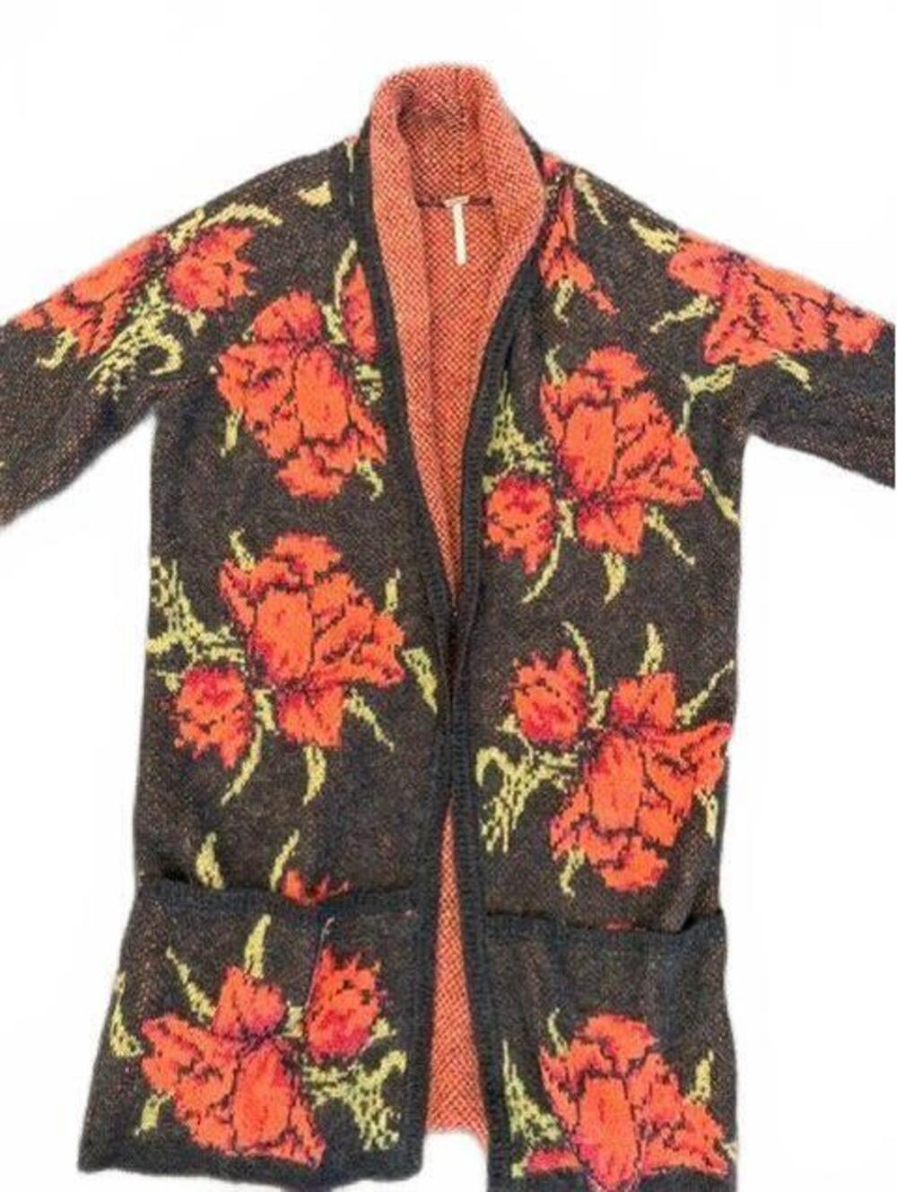 New Free People Women's Black Flower Power Cardigan in Intarsia Knit Large